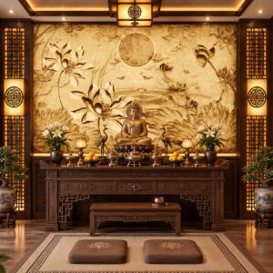 Tranh trúc chỉ hoa sen sơn thủy dán tường phòng thờ phật 52194
