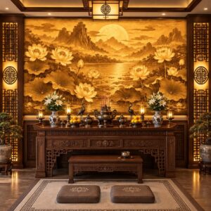 Tranh trúc chỉ sơn thủy hoa sen dán tường phòng thờ sang trọng tc15920265