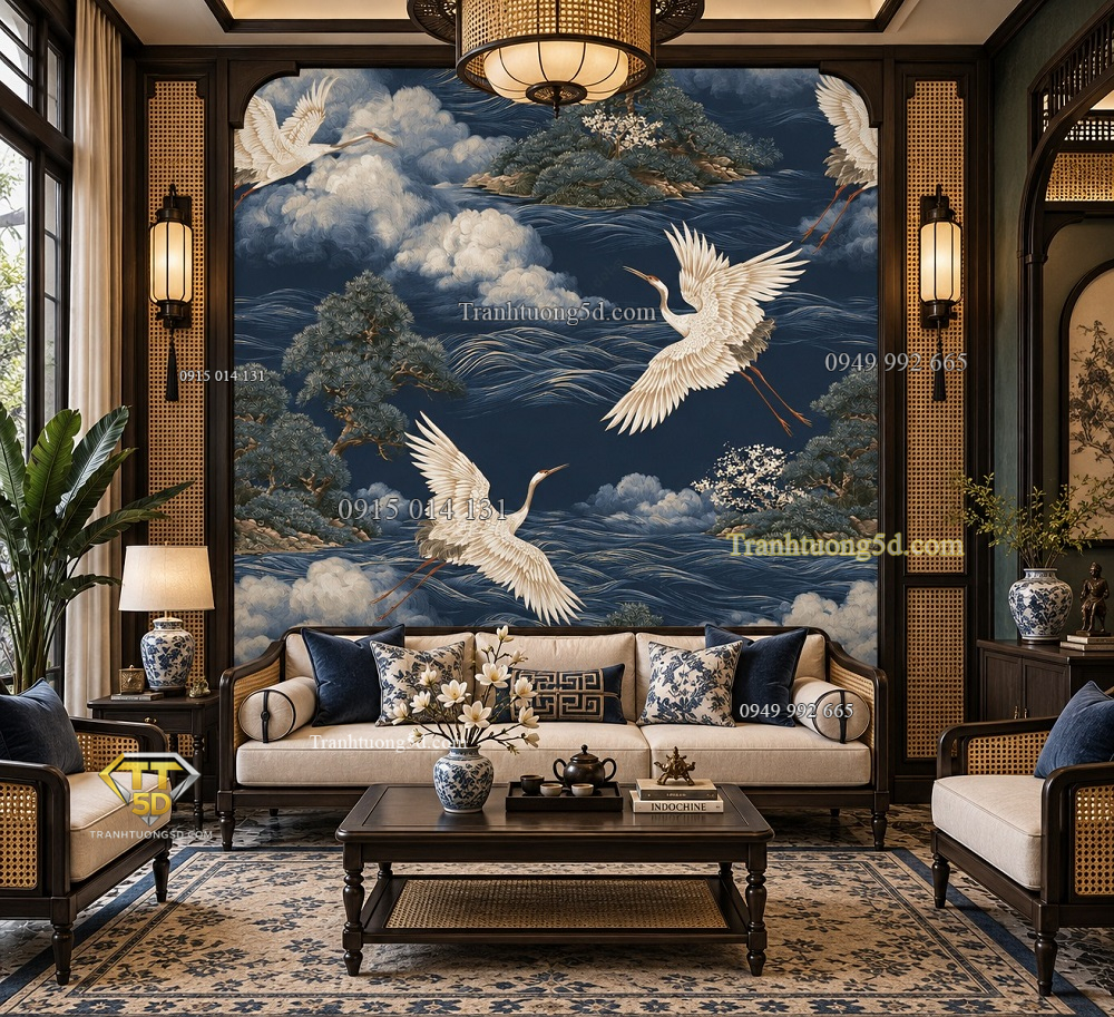 Tranh tùng hạc diên niên dán tường phòng khách indochine ab2172007760