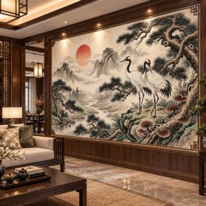 Tranh tùng hạc diên niên dán tường vách cạnh phòng khách ab2165187916