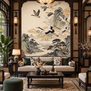 Tranh tùng hạc diên niên indochine dán tường phòng khách ab2012975498