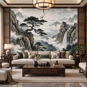 Tranh tùng hạc diên niên thủy mặc núi non thác nước dán tường phòng khách ab2170437012
