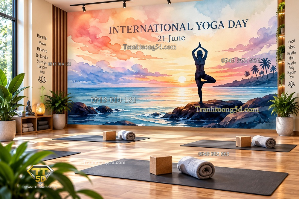 Tranh yoga dán tường international yoga day biển hoàng hôn tư thế cây phòng tập yoga ab2045150554
