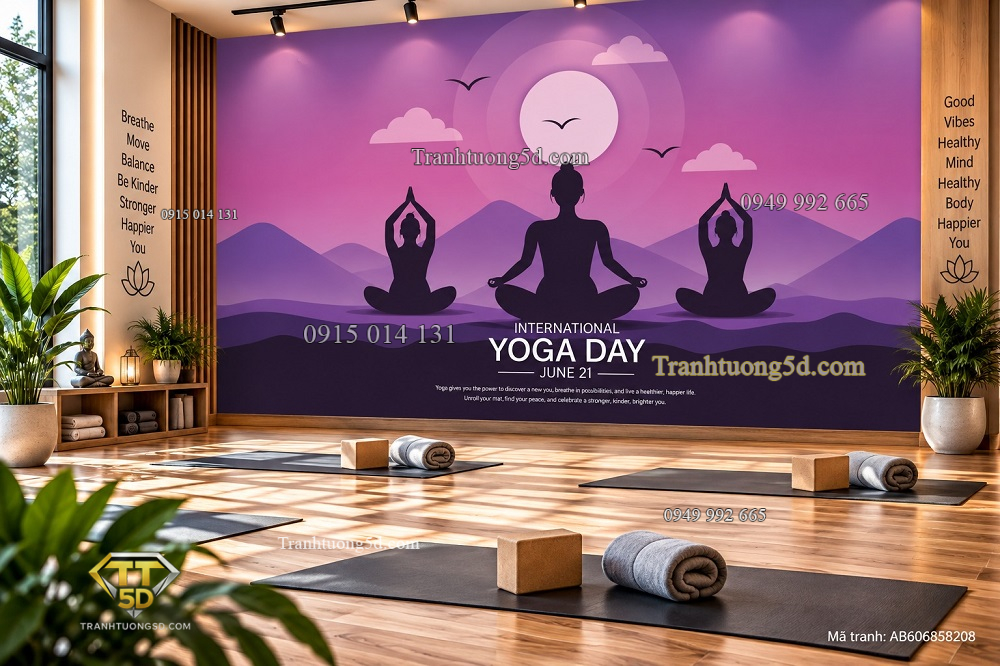 Tranh yoga dán tường phòng tập thiền định núi non ánh trăng tím ab606858208