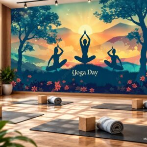 Tranh yoga dán tường phòng tập yoga thiền định giữa núi non và hoa cỏ ab779248556