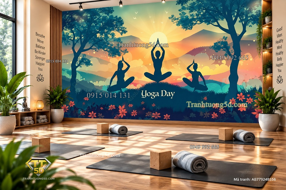 Tranh yoga dán tường phòng tập yoga thiền định giữa núi non và hoa cỏ ab779248556