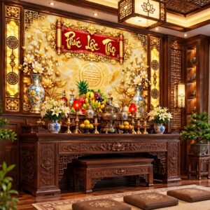 Tranh dán tường phòng thờ phúc lộc thọ hoa sen sang trọng pt24920262