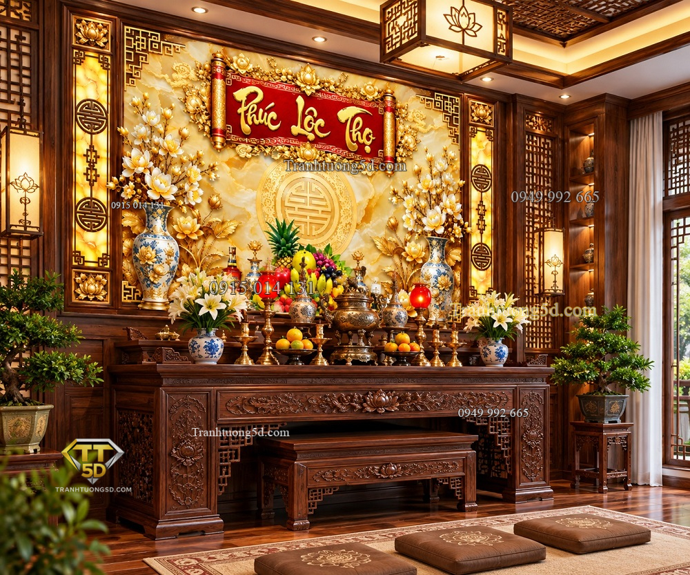 Tranh dán tường phòng thờ phúc lộc thọ hoa sen sang trọng pt24920262