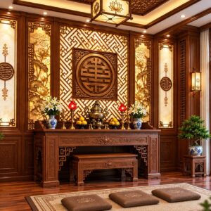 Tranh dán tường phòng thờ chữ thọ hoa sen phong cách truyền thống pt24920261