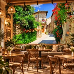 Tranh dán tường quán cafe phố cổ châu âu ngập sắc hoa ab281092553