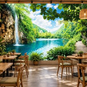 Tranh thác nước hồ xanh giữa núi rừng và lối đi gỗ dán tường quán cafe ab36234695
