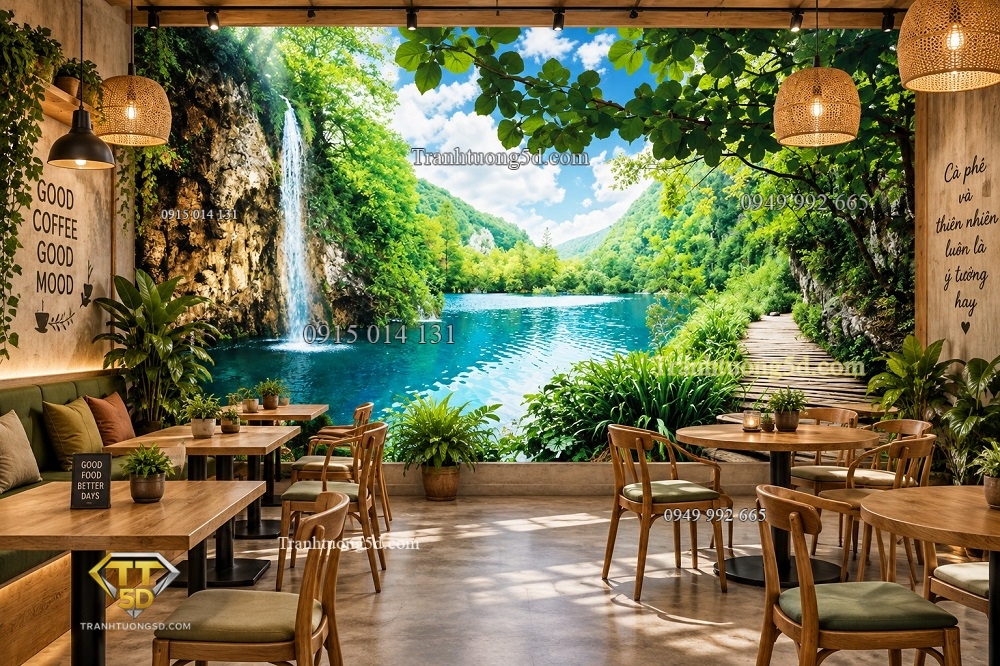 Tranh thác nước hồ xanh giữa núi rừng và lối đi gỗ dán tường quán cafe ab36234695