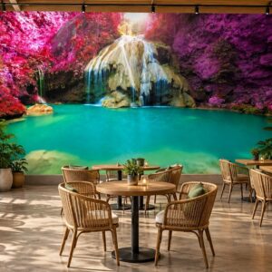 Tranh thác nước hồ xanh giữa rừng sắc tím hồng dán tường quán cafe ab75913646