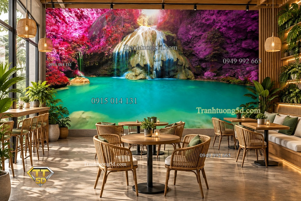 Tranh thác nước hồ xanh giữa rừng sắc tím hồng dán tường quán cafe ab75913646