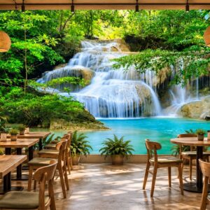 Tranh thác nước nhiều tầng hồ xanh giữa rừng nhiệt đới dán tường quán cafe ab344074825