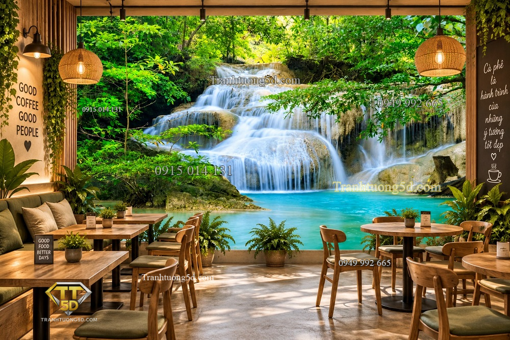 Tranh thác nước nhiều tầng hồ xanh giữa rừng nhiệt đới dán tường quán cafe ab344074825