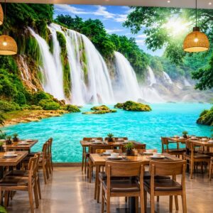 Tranh thác nước nhiều tầng hồ xanh nhiệt đới dán tường quán ăn ab50498113