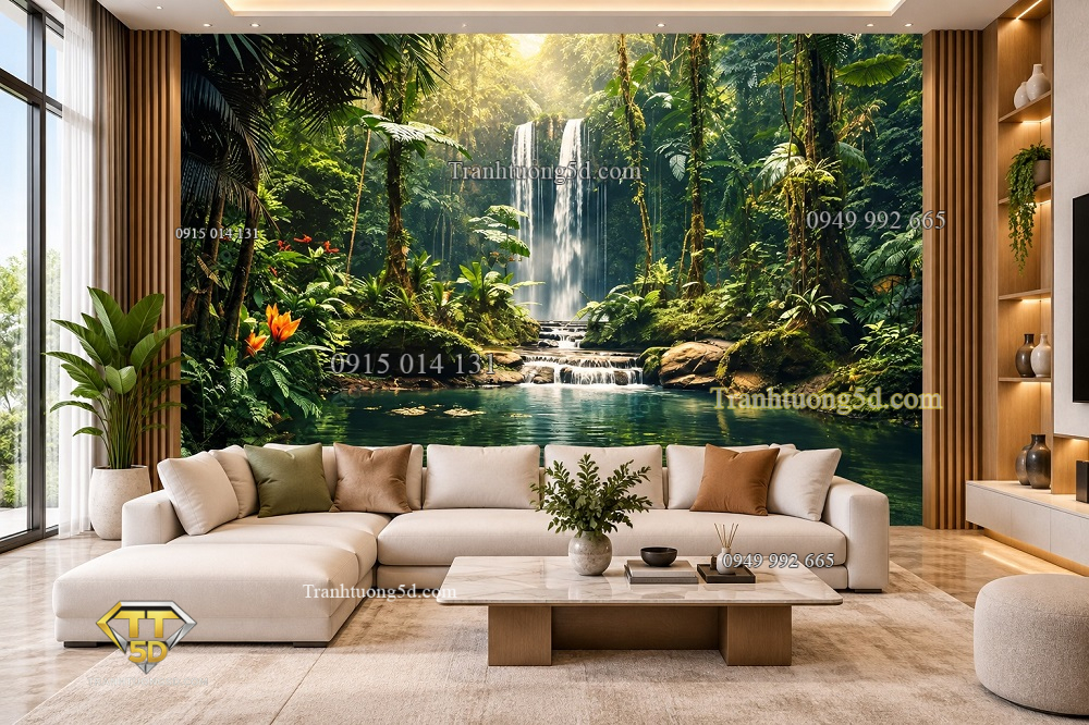 Tranh thác nước rừng nhiệt đới ánh nắng dán tường phòng khách ab605860595 Tranh thác nước rừng nhiệt đới ánh nắng dán tường phòng khách ab605860595