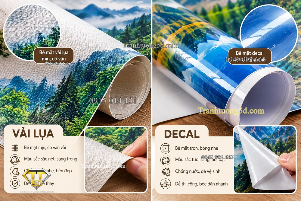Cận cảnh chất liệu vải lụa và decal dán tường Cận cảnh chất liệu vải lụa và decal dán tường