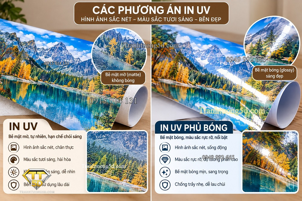Hình ảnh minh họa trực quan hai phương án in uv và in uv phủ bóng Hình ảnh minh họa trực quan hai phương án in uv và in uv phủ bóng