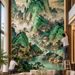 Thi công tranh sơn thủy núi xanh thác nước dán tường phòng khách khổ dọc st71020261