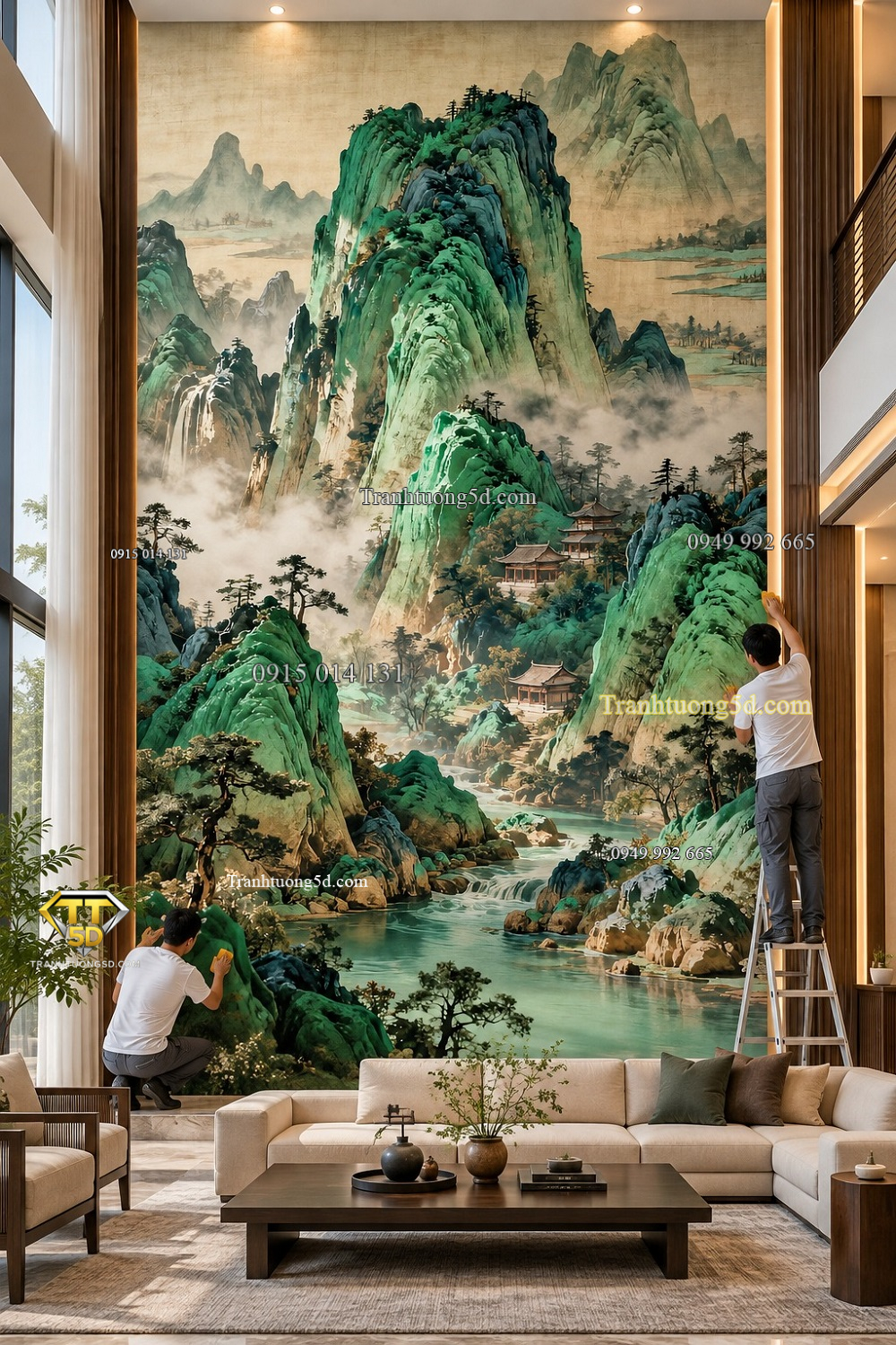 Thi công tranh sơn thủy núi xanh thác nước dán tường phòng khách khổ dọc st71020261 Thi công tranh sơn thủy núi xanh thác nước dán tường phòng khách khổ dọc st71020261