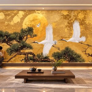 Thi công tranh tùng hạc diên niên mặt trời vàng dán tường phòng khách th71020264