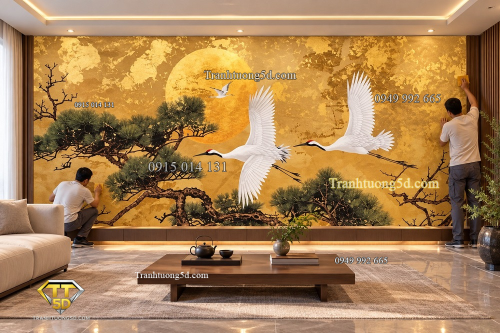 Thi công tranh tùng hạc diên niên mặt trời vàng dán tường phòng khách th71020264
