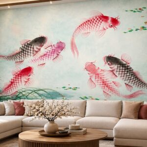 Tranh dán tường cá chép đỏ hồng thủy mặc phòng khách ab144036525