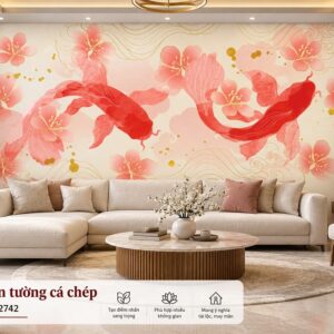 Tranh dán tường cá chép hoa đào phòng khách ab808762742