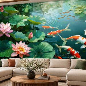 Tranh dán tường cá chép hoa sen hồ sen phòng khách ab1005162009