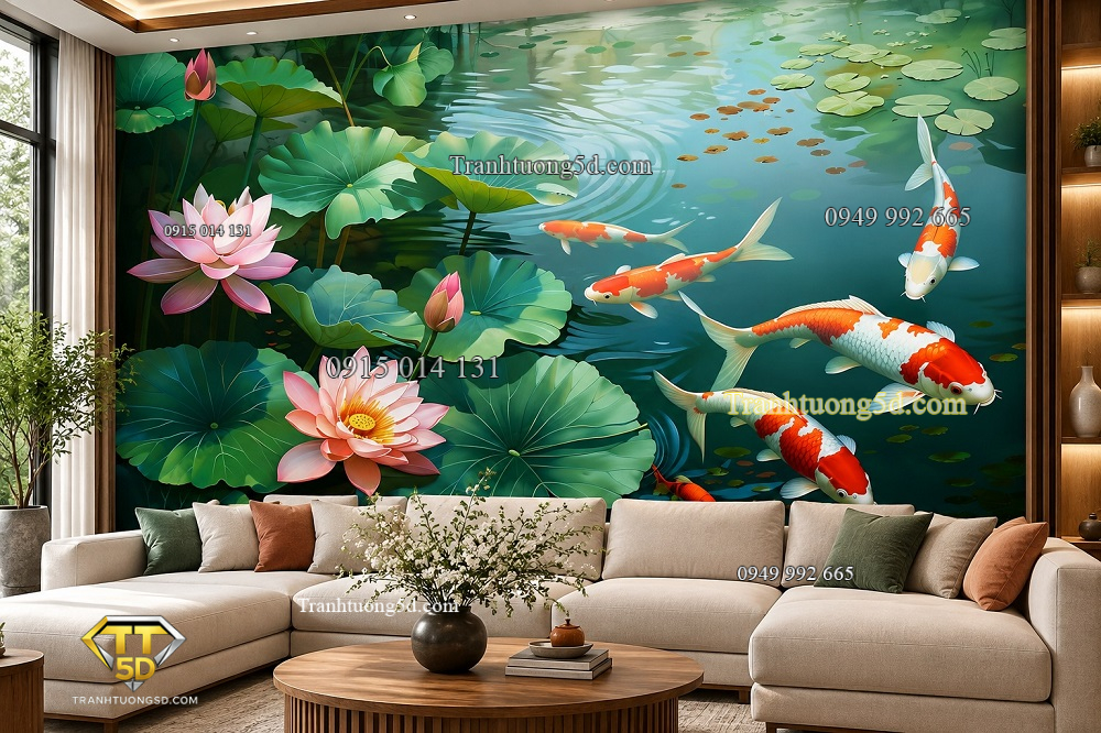 Tranh dán tường cá chép hoa sen hồ sen phòng khách ab1005162009 Tranh dán tường cá chép hoa sen hồ sen phòng khách ab1005162009
