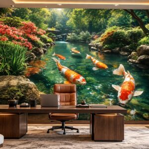 Tranh dán tường cá chép koi hồ cá thiên nhiên phòng làm việc ab1024915832