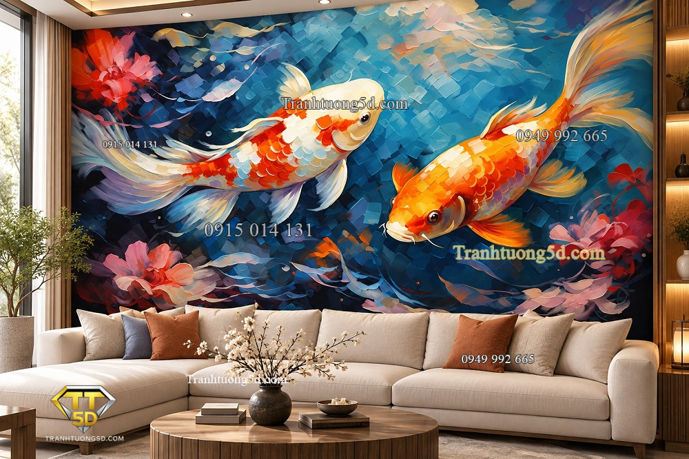 Tranh dán tường cá chép koi nghệ thuật màu sắc phòng khách ab1410991892