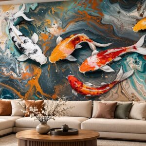 Tranh dán tường cá chép nghệ thuật vân đá sang trọng phòng khách ab830166639
