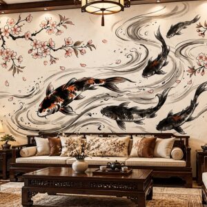 Tranh dán tường cá chép thủy mặc hoa đào phòng khách cổ điển ab2203991707