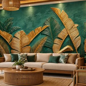 Tranh dán tường lá nhiệt đới xanh ngọc dát vàng phòng khách ab1724237920