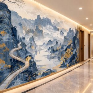 Tranh dán tường núi non thủy mặc xanh vàng hành lang ab868282697