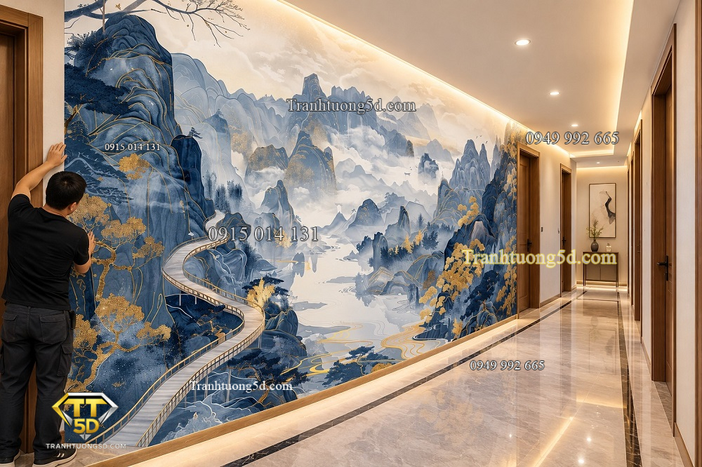 Tranh dán tường núi non thủy mặc xanh vàng hành lang ab868282697 Tranh dán tường núi non thủy mặc xanh vàng hành lang ab868282697