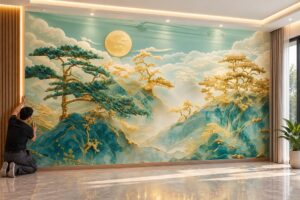 Tranh dán tường núi non trùng điệp cây vàng ánh trăng phòng khách ab868281976