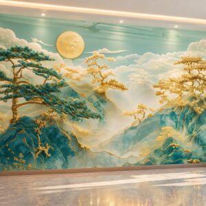 Tranh dán tường núi non trùng điệp cây vàng ánh trăng phòng khách ab868281976