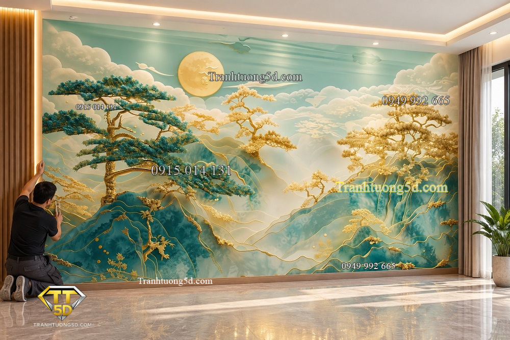 Tranh dán tường núi non trùng điệp cây vàng ánh trăng phòng khách ab868281976