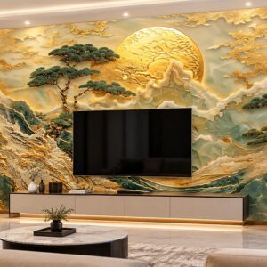 Tranh dán tường núi non tùng bách mặt trời vàng phòng khách ab868282386