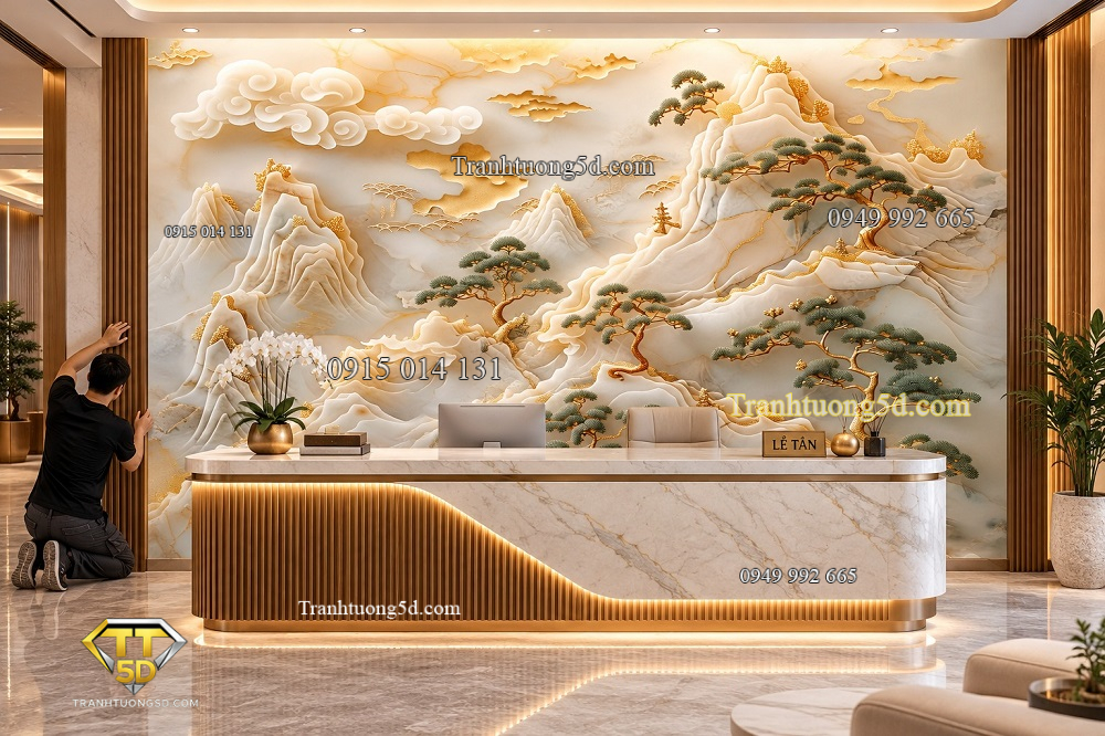 Tranh dán tường núi non tùng bách vân vàng quầy lễ tân ab868282617 Tranh dán tường núi non tùng bách vân vàng quầy lễ tân ab868282617