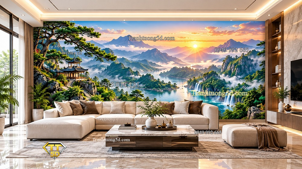 Tranh dán tường phòng khách đẹp theo kích thước