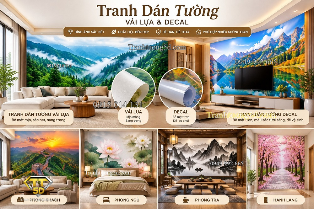 Tranh dán tường vải lụa và decal trong không gian nội thất
