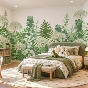 Tranh lá cây hoa trắng màu xanh pastel dán tường toàn phòng trẻ em ab496454487