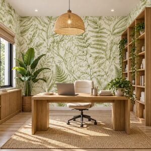 Tranh lá cây nét vẽ xanh olive dán tường toàn phòng làm việc ab163950105