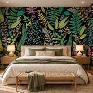 Tranh lá cây nhiệt đới nền đen dán tường toàn phòng ngủ ab163949917