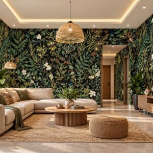 Tranh lá cây nhiệt đới nền đen phong cách sang trọng dán tường toàn phòng khách ab428105513